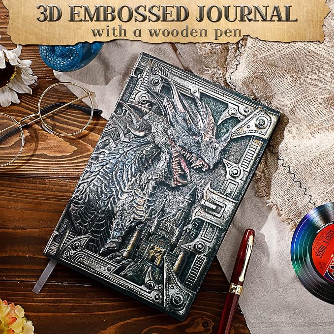 Pajean Dragon Journal Embossed Leather Journal Writing Antique Dragon Journal Notebook with Pen Lined Paper Hardcover Gift Journal Notebook Executive Notebook Travel Diary for Women Men, A5(Colorful)