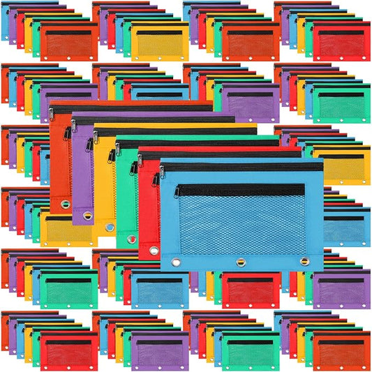 Zhehao 300-Count Mesh Pencil Pouch for 3 Ring Binder with Zipper and Double Pocket, Bright Color, School Supplies