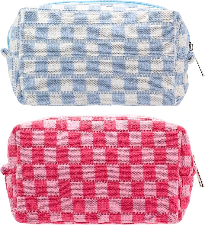 Checkered Makeup Bag for Purse, Small Cosmetic Pouch,Blue Hotpink,2 Pack | Cute Zipper Makeup Organizer for Women, Travel Essentials, Toiletries, Makeup Brushes, Beauty Accessories&Bridesmaid Gifts