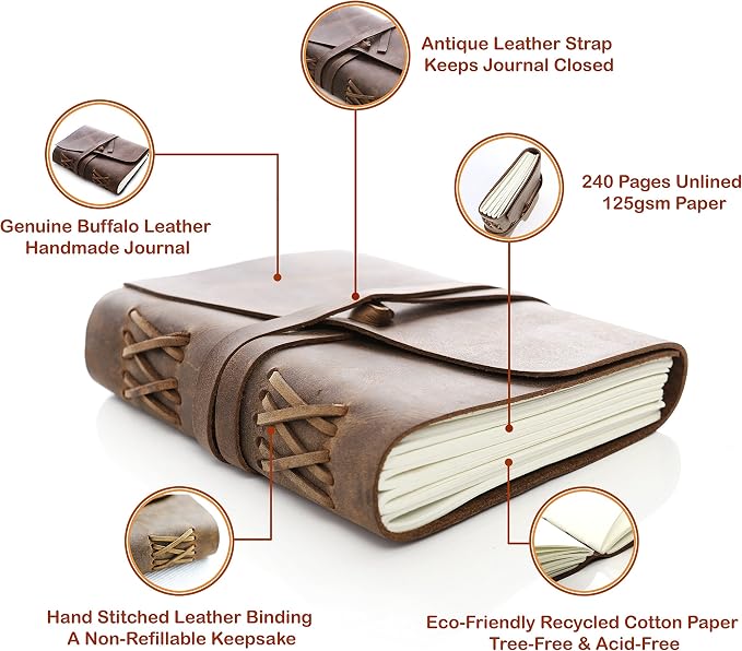 Leather Journal Writing Notebook, Vintage Handmade Bound Notepad for Men Women - Write in Plain Thick Paper, 7x5 Inch Small Blank Pages, MOONSTER® Drawing Sketchbook, Travel Diary, Unlined Note Book