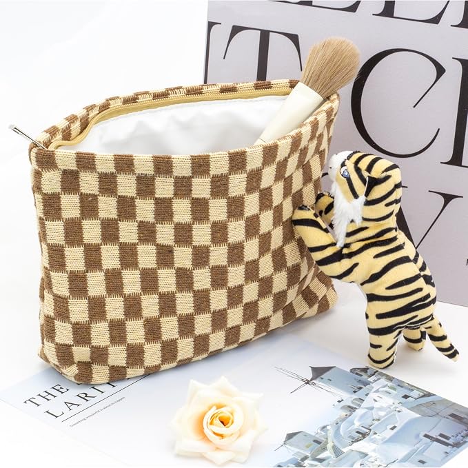 PAZIMIIK Checkered Makeup Bag for Purse, Small Flat Cosmetic Pouch,Coffee | Cute Zipper Makeup Organizer for Women, Travel Essentials, Toiletries, Makeup Brushes, Beauty Accessories&Bridesmaid Gifts