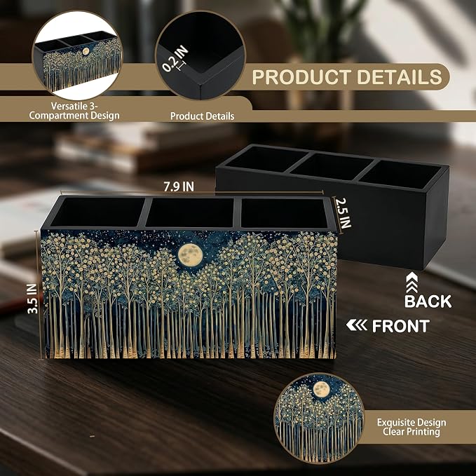 Rustic Night Moon Forest William Morris Inspired Wooden Pencil Pen Holder for Desk Organizers and Accessories, Vintage Nature Botanical Makeup Brush Holder Organizer for Bathroom Vanity