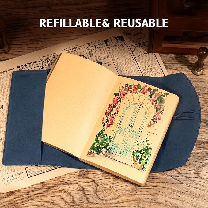 MINICAGIE Vintage Leather Journal for Women Men, Junk Journal Notebook Soft Cover, Book of Shadows Journals for Travel Diary Scrapbook Sketchbook Journaling Writing, Blue