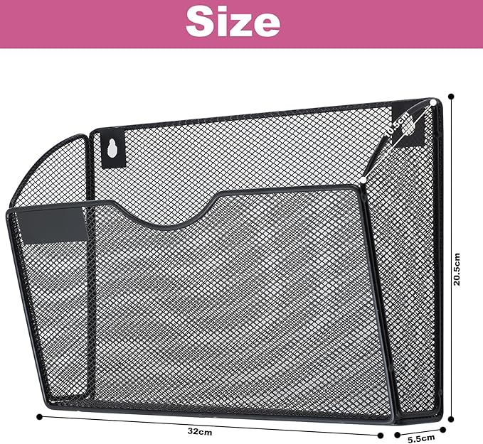 1 Pocket Mesh Wall File Holder Organizer Office Hanging File Folder Magazine Rack, Nametag Label Hooks Set Included (Black)