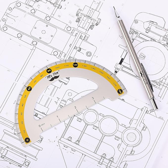 Mr. Pen- Metal Geometry Kit, 4 Pack, 45° & 30°/60° Set Squares | 6" Protractor & 12" Ruler, Durable Metal Drafting Tools for Technical Drawing, Math, Engineering & Architecture