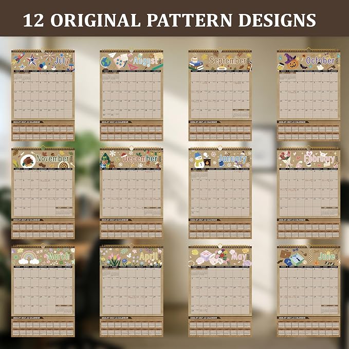 Ospelelf Wall Calendar 2026-2027 with Storage Pockets, 17" X 12" Monthly Large Planner Pad with Protective Cover and Stickers, for Family Fridge Office Teacher School, Use July 2026 to December 2027 Kraft Season