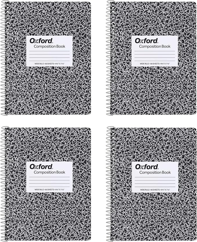 Oxford Spiral Composition Notebooks, Wide Ruled Paper, 9-3/4 x 7-1/2 Inches, 80 Sheets, Black Marble Cover (64950), 4 Count (Pack of 6)