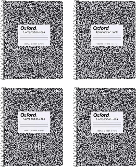 Oxford Spiral Composition Notebooks, Wide Ruled Paper, 9-3/4 x 7-1/2 Inches, 80 Sheets, Black Marble Cover (64950), 4 Count (Pack of 6)