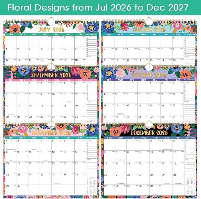 Calendar 2026-2027 - Wall Calendar 2026-2027, July 2026 to December 2027, 11" x 8.5", 26-27 Calendar 18 Monthly with Thick Paper + Julian Date - Floral