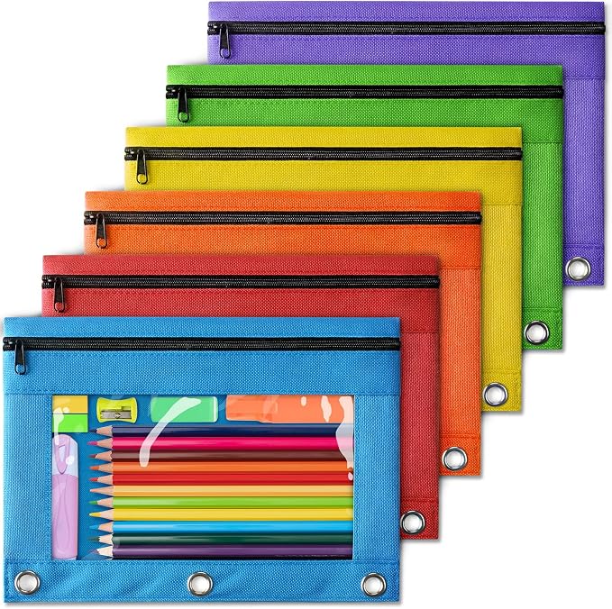 YEGEER Pencil Pouch for 3 Ring Binder, Pencil Pouches with Zipper & Clear Window - 6 Assorted Color, Pencil Case Bulk for 3-Holes Binder, Multi-Purpose Storage Bag for Office, School Supplies (6)