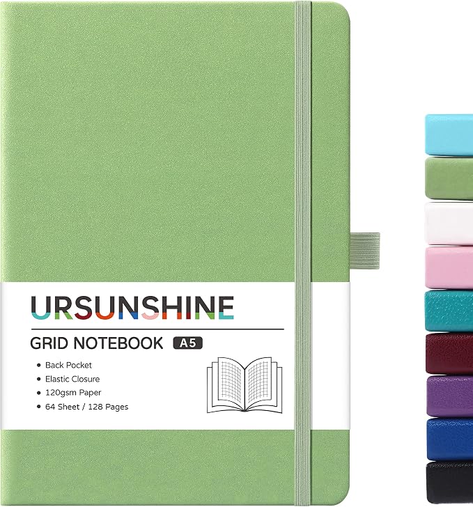 Graph Grid Paper Notebook/Journal - Classic Journal/Notebook with Ribbon Divider, Hardcover with Thick Paper, 5.3" x 8.26", Banded + Pen Holder +Inner Pocket - Light Green