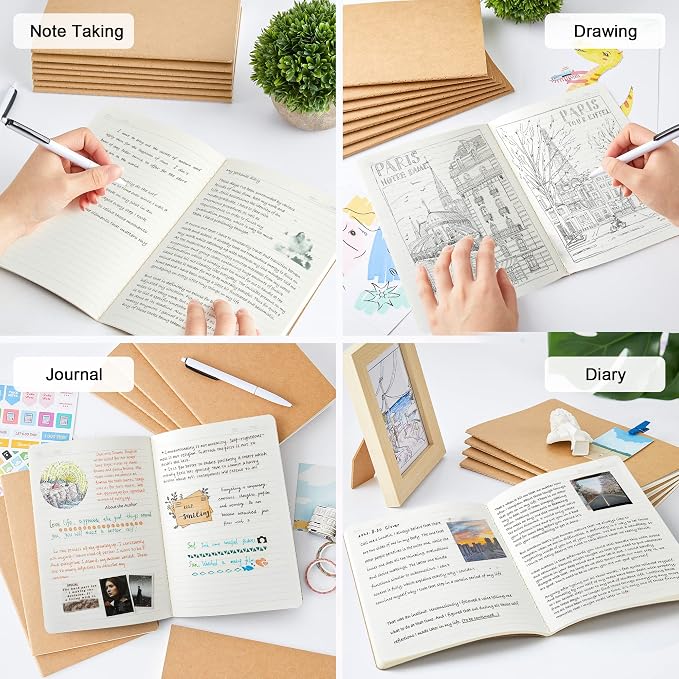 feela 60 Pack Kraft Notebooks Bulk, Lined Travel Journals Note Pad Notebooks for Men Women Girls Students, Making Plans Writing Memos Office School Supplies, A5, 60 Pages, 8.3” X 5.5”