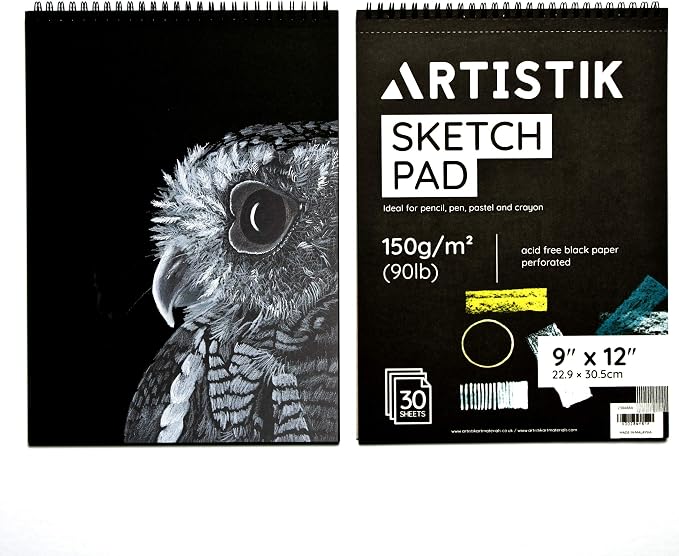 Black Paper Sketch Pad - 12 x 9 (Pack of 2) 30 Sheets (90lb/150gsm), Top Spiral Bound with Perforated Pages for All Dry Media Graphite & Colored Pencils, Gouache, Charcoal, Gel Pens, Chalk