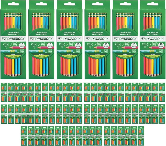 Ticonderoga Wooden Pencils, Pre-Sharpened #2 HB Soft, Neon Colors, 18-Count, 13018 (Pack of 72, 1296 Count Total)