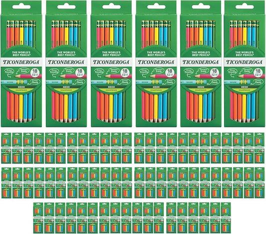 Ticonderoga Wooden Pencils, Pre-Sharpened #2 HB Soft, Neon Colors, 18-Count, 13018 (Pack of 72, 1296 Count Total)