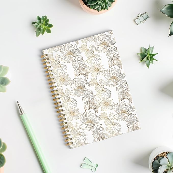 Elegant Neutral Floral Spiral Notebook, Beige and Gold Botanical Journal, Vintage Minimalist Linear Flower Plant Hardcover Notebook Journal, 5.5x8.3 Inch
