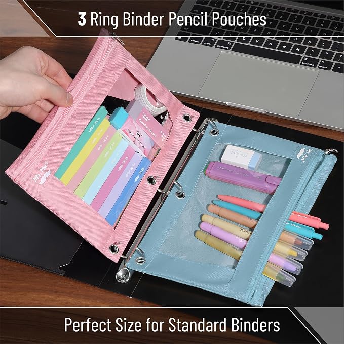 Mr. Pen- Pencil Pouch for 3 Ring Binder, 2 Pack, 10"x6.75", Smooth Zipper | Clear Window, Large Capacity Pencil Case with 3 Reinforced Grommets for School, Office, Supplies Storage | Clear Window, Large Capacity Pencil Case with 3 Reinforced Grommets f...