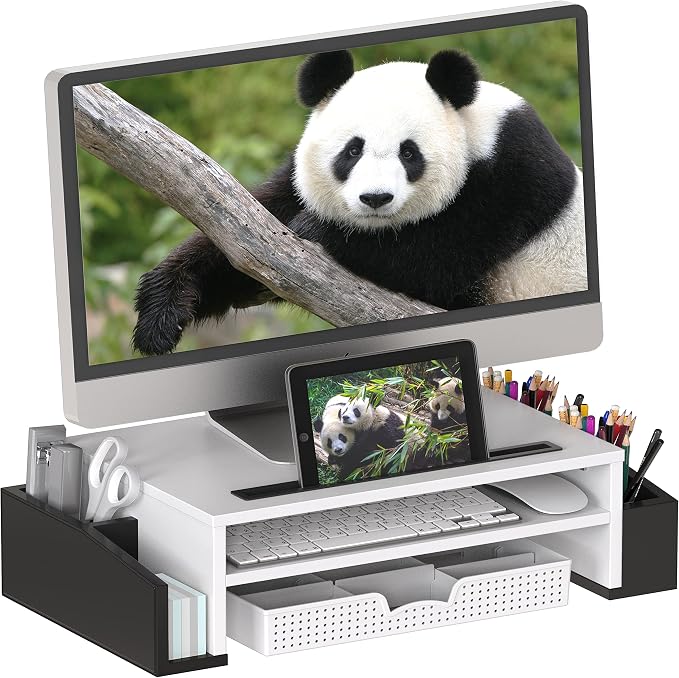 Simple Houseware Desk Monitor Stand Riser w/ Adjustable Tray, Black/White | Built-In Tablet Slot and Side Storage