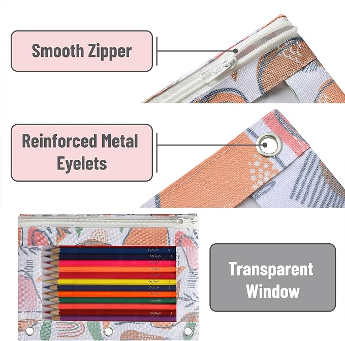 Mr. Pen- Pencil Pouch for 3 Ring Binder, 2 Pack, 10"x6.75", Smooth Zipper | Clear Window, Large Capacity Pencil Case with 3 Reinforced Grommets for School, Office, Supplies Storage | Clear Window, Large Capacity Pencil Case with 3 Reinforced Grommets f...