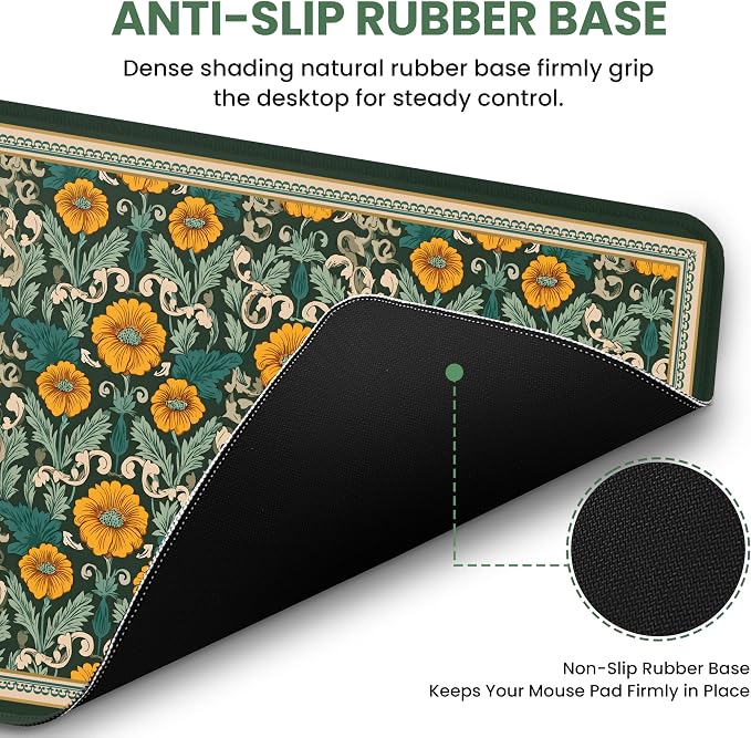 Large Mouse Pad for Desktop, Cute Desk Mat Pad Protector for Work & Gaming, Aesthetic Pretty Anti-Slip Laptop Blotter Cover for Office School Home Supplies, Baroque Bloomfield, 35.4" x 15.7"