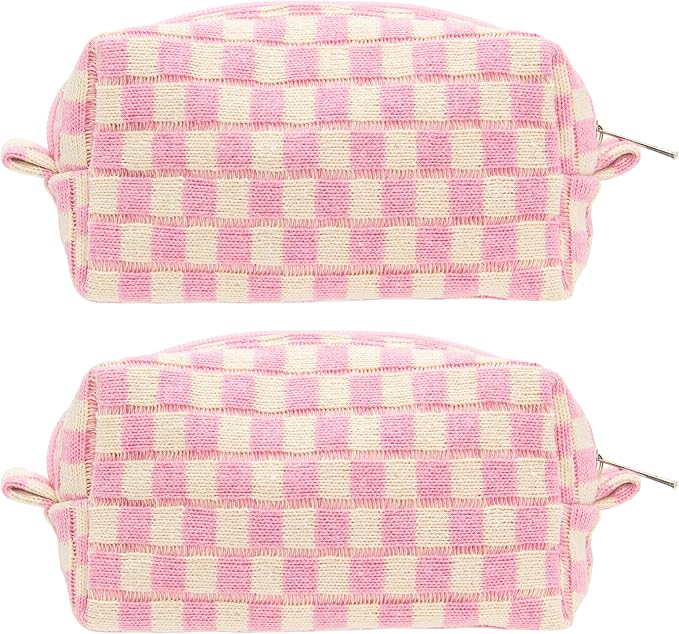 Checkered Makeup Bag for Purse, Small Cosmetic Pouch,Pink Beige,2 Pack | Cute Zipper Makeup Organizer for Women, Travel Essentials, Toiletries, Makeup Brushes, Beauty Accessories&Bridesmaid Gifts