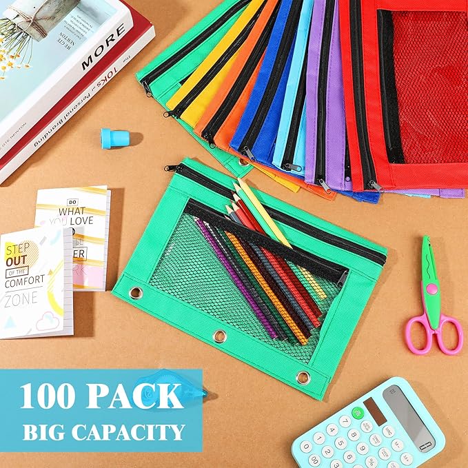Zhehao 100 Pcs Zipper Binder Pencil Pouches:3 Ring Binder Pencil Pouches with Zipper Window Bulk Clear Pen Bags Case for Office School Classroom Supplies(Double Layer with Mesh Layer,7 Colors)