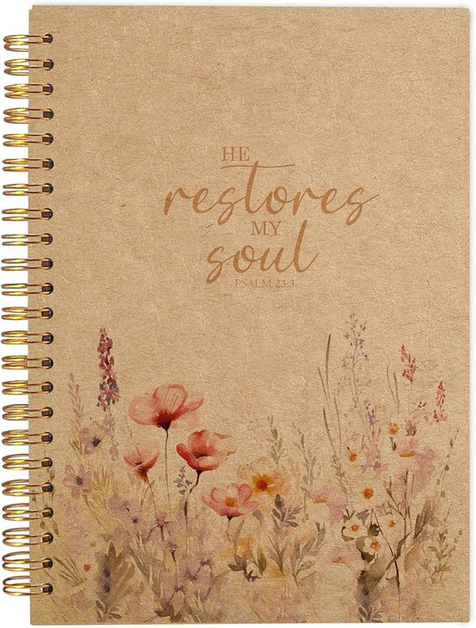 Christian Notebook for Women, Christian Gifts Journal, Prayer Journal for Women, Bible Journaling Notebook, PSALM 23:3 He Restores My Soul Floral Spiral Notebook 5.5x8.3 Kraft Paper