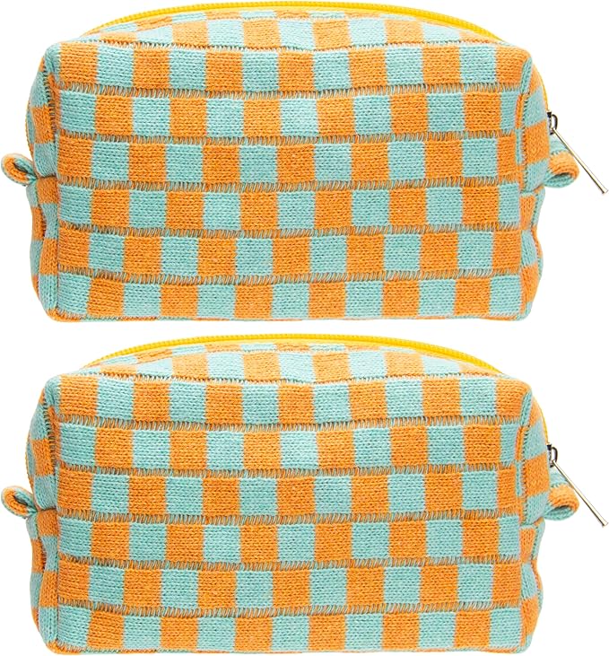 Checkered Makeup Bag for Purse, Small Cosmetic Pouch,Orange Green,2 Pack | Cute Zipper Makeup Organizer for Women, Travel Essentials, Toiletries, Makeup Brushes, Beauty Accessories&Bridesmaid Gifts