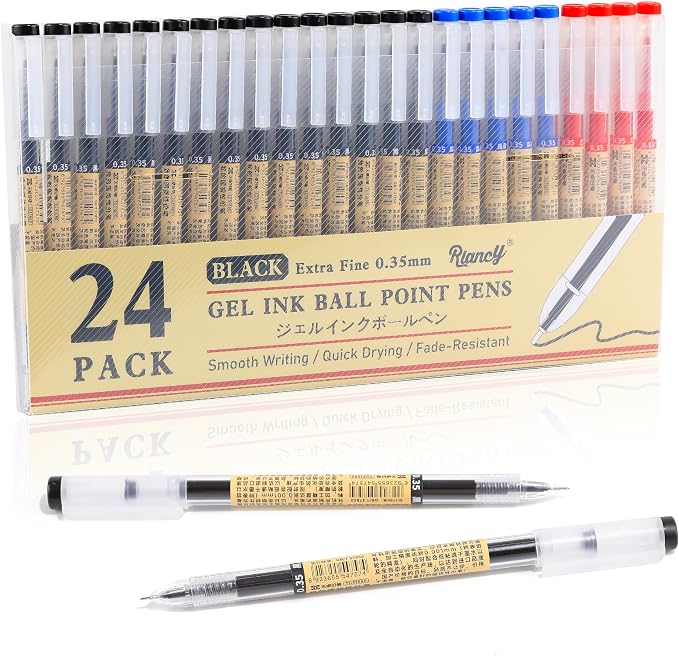 Japanese Style Black Blue & Red Gel Ink Pens, 0.35mm Extra Fine Point, No Smudge Quick Drying, Japanese Ink Pen for Journal Planners, Thin Notebook Paper, Office School Supplies 24 Pack