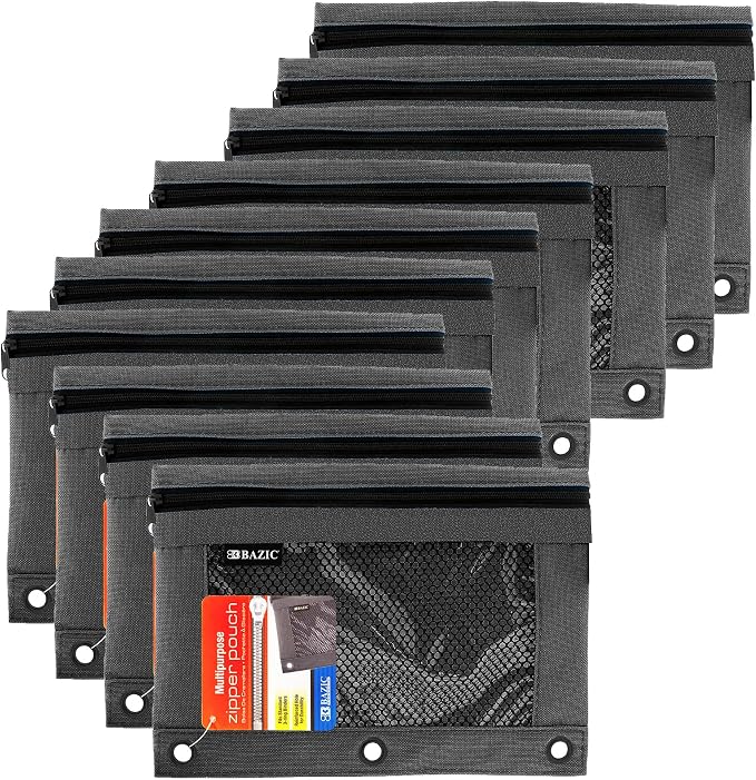 BAZIC PRODUCTS Black 3-Ring Pencil Pouch with Mesh Window, 10-Pack | clear mesh window and a zipper closure for pens, pencils, supplies