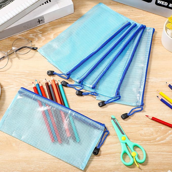 Handepo 100 Pack Mesh Zipper Pouch Pencil Pouches Bulk Clear Storage Bag Small Waterproof Purse Bag Multipurpose for Cash Board Game Passport Office(A6/9.45x4.53in,Blue)