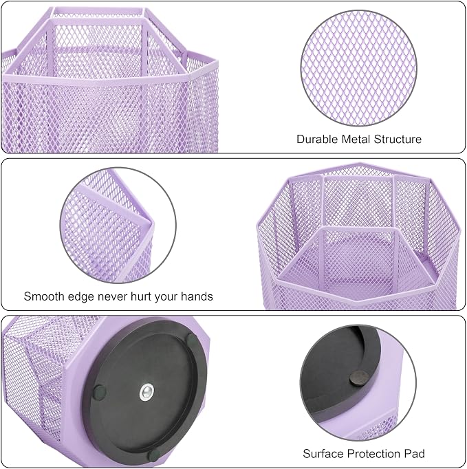 Exerz Desk Organizer 360 Rotating Pen Holder Storage Caddy Light Purple | Smooth Spinning Base With Open Mesh Sections Easy Access To Pens Brushes Scissors Daily Desk Tools