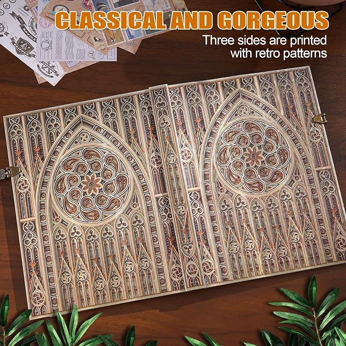 Retro 3D Hot Stamping Gothic Dome Patterned Cover Notebook,Contains 96 Sheets/192 Blank Lines Lined Journal,With Envelope Pocket Journal,Suitable As A Notebook,Travel Diary,Wedding Anniversary.