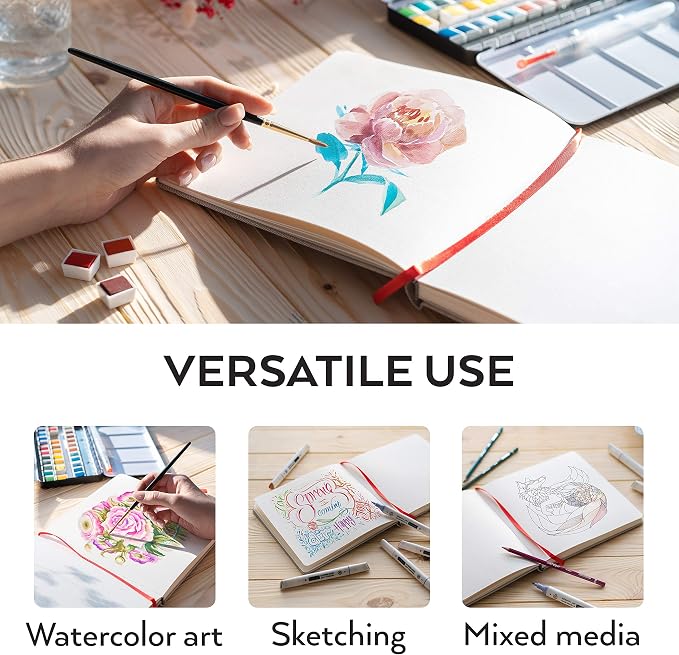 ARTEZA Watercolor Sketchbooks, Pack of 2, 8.25 x 8.25 Inches, 68 Pages Each, 110 lb / 230 GSM, Cold Press, Dual-Sided, Acid-Free Linen-Bound Hardcover Books for Watercolor and Mixed Media