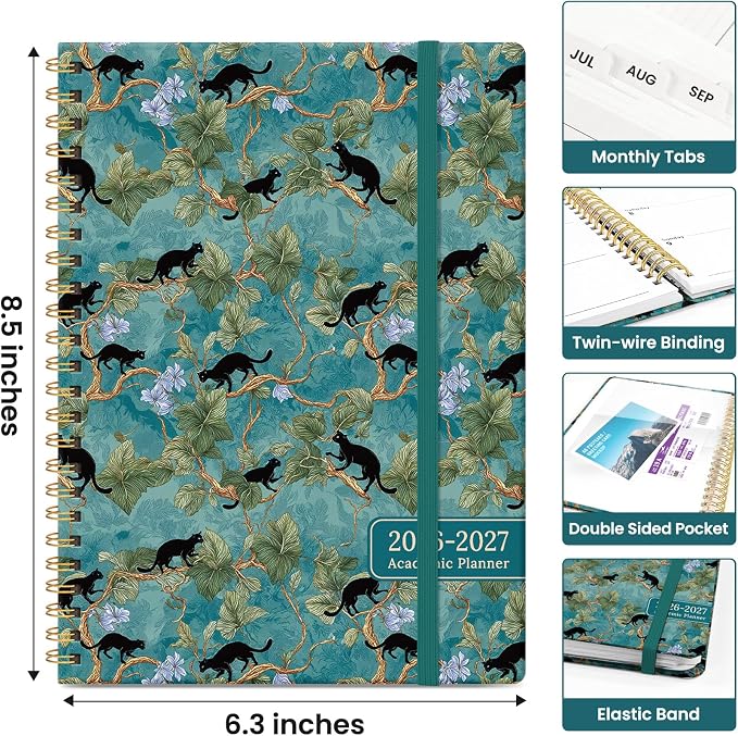 Planner 2026-2027, Academic Year Weekly and Monthly Calender Planner, from Jul 2026 - Jun 2027, Spiral Bound School Planning Book, Perfect for Teacher, Student, Women & Men, A5 (6.3" x 8.5"), Cats in Vine
