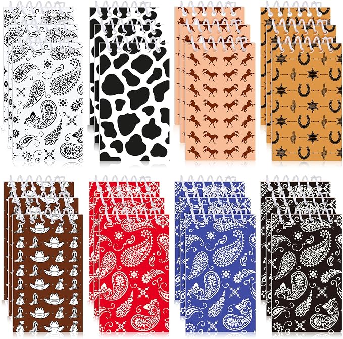 Teling 24 Pcs Western Cowboy Cowgirl Party Favors Spiral Notebooks, 8 Styles Country Style Small Notepads, Mini Decorative Memo Pads West-themed Stationery, Country-style Decor, Themed Party Supplies