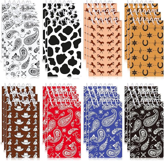 Teling 24 Pcs Western Cowboy Cowgirl Party Favors Spiral Notebooks, 8 Styles Country Style Small Notepads, Mini Decorative Memo Pads West-themed Stationery, Country-style Decor, Themed Party Supplies