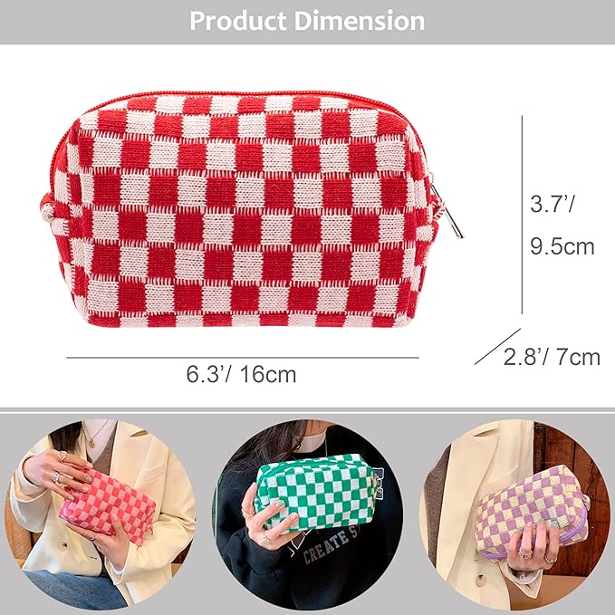 Checkered Makeup Bag for Purse, Small Travel Cosmetic Pouch,Red,2 Pack | Cute Zipper Makeup Organizer for Women, Travel Essentials, Toiletries, Makeup Brushes, Beauty Accessories&Bridesmaid Gifts