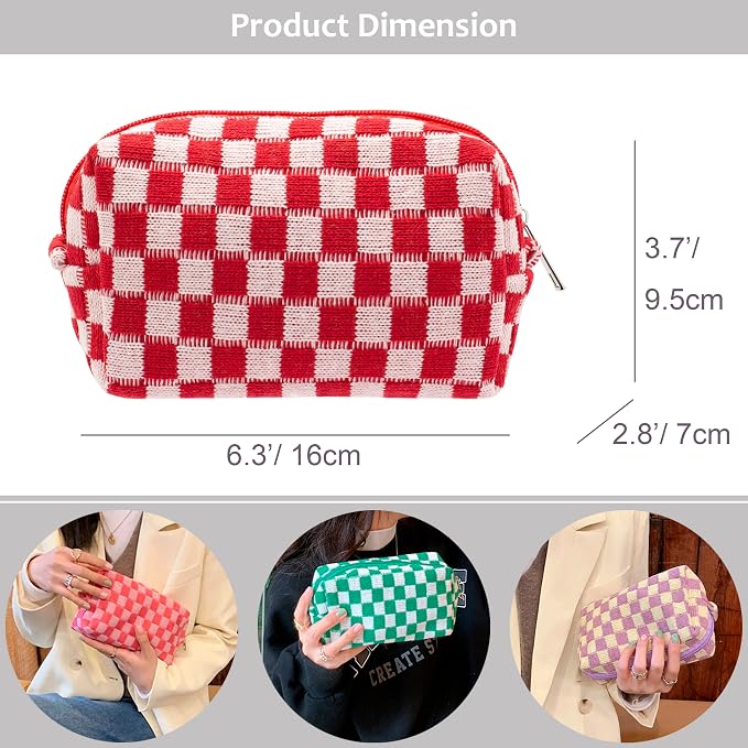 Checkered Makeup Bag for Purse, Small Travel Cosmetic Pouch,Red,6 Pack | Cute Zipper Makeup Organizer for Women, Travel Essentials, Toiletries, Makeup Brushes, Beauty Accessories&Bridesmaid Gifts