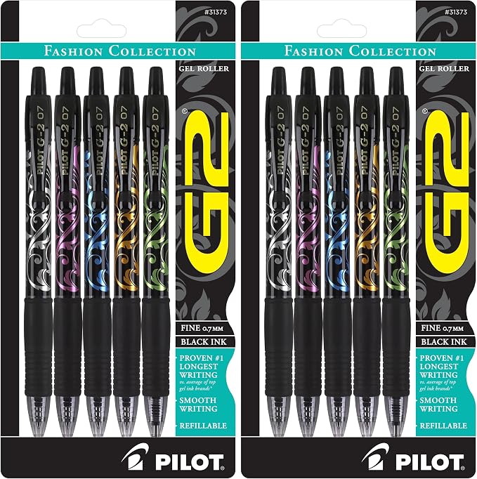 Pilot, G2 Premium Gel Roller Pens, Fine Point 0.7 mm, Fashion Collection, Black, 5 Count (Pack of 2)