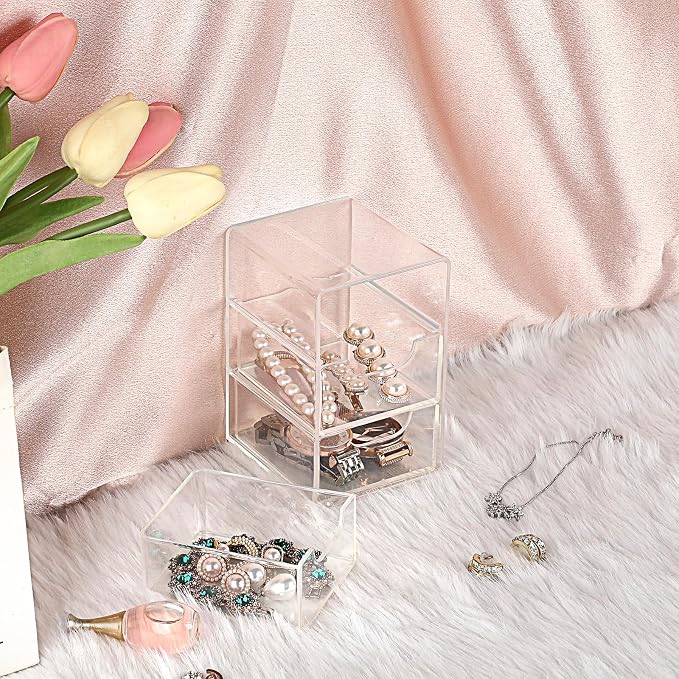 BTSKY 1 Pack Small Acrylic Storage Organizer with Drawers, 3-Layer Clear Desktop Organizer for Office Supplies Mini Storage Box with Drawers for Desk, Desktop Makeup Drawer Jewelry Storage Box