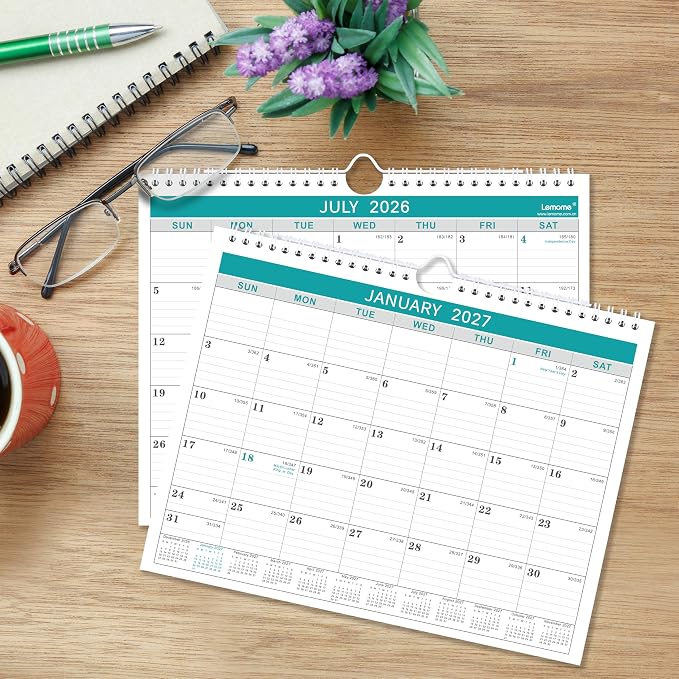 Wall Calendar 2026-2027, 8.5" x 11", Jul 2026 to December 2026, 18 Months with Twin-Wire Bound, Writing Blocks
