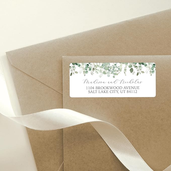 Return Address Labels Personalized with Your Choice of 30 Flower Styles - Choose Font and Font Color or Add Custom Text - Perfect for Wedding Envelopes (001 Eucalyptus)