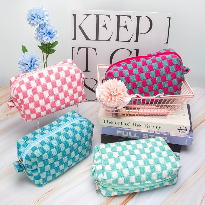 Checkered Makeup Bag for Purse, Small Cosmetic Pouch,Lake Blue,2 Pack | Cute Zipper Makeup Organizer for Women, Travel Essentials, Toiletries, Makeup Brushes, Beauty Accessories&Bridesmaid Gifts