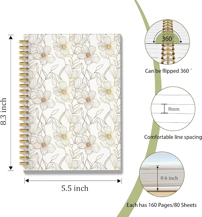 ROXMART Beige and Gold Floral Spiral Notebook, Neutral Elegant Flower Plant Journal, Retro Minimalist Line Art Botanical Hardcover Notebook Journal, 5.5x8.3 Inch