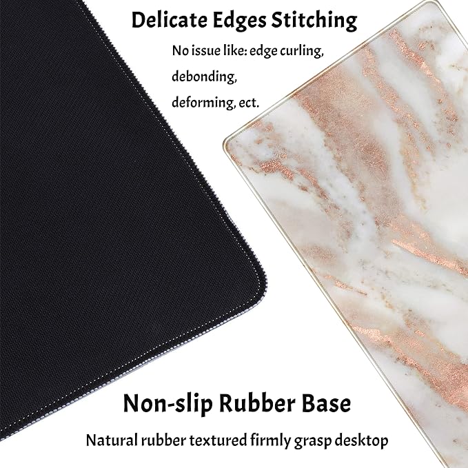 Rose Gold Marble Desk Mat Cute Desk Decor Mouse Pad, Abstraction Metallic Luxury Large Gaming Mousepad (31.5x15.75 in), Women Girly Keyboard Mat Computer Desk Pad for Work/Office/Home