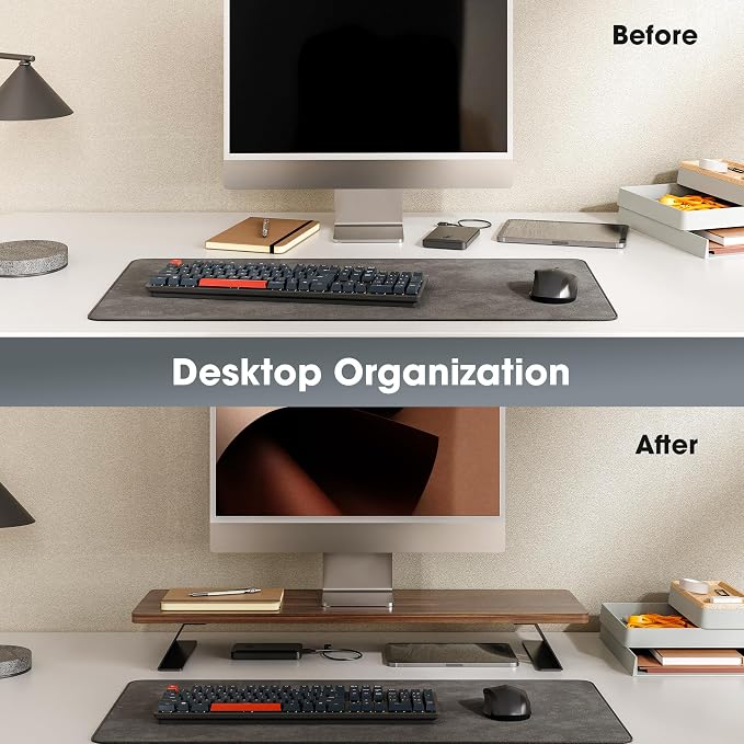 Fenge Monitor Stand Riser, Wooden & Metal Desk Shelf Organizer, Brown | 31.5 Inch Computer Stand for Compact Work Station, Multifunctional Monitor Shelf for Laptop, PC, Printer