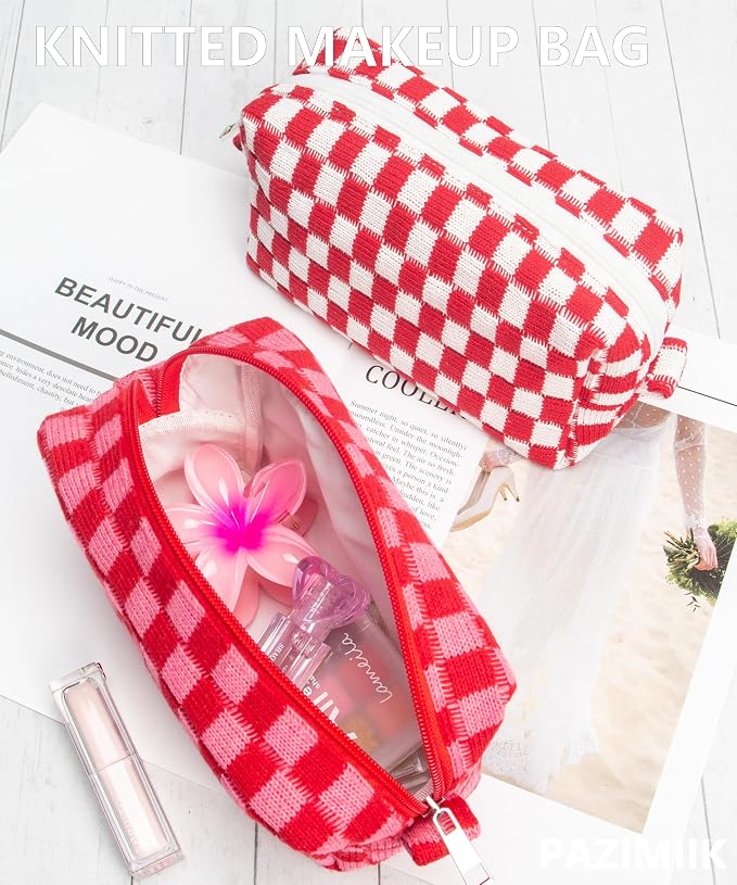 Checkered Makeup Bag for Purse, Small Travel Cosmetic Pouch,Red Pink | Cute Zipper Makeup Organizer for Women, Travel Essentials, Toiletries, Makeup Brushes, Beauty Accessories&Bridesmaid Gifts