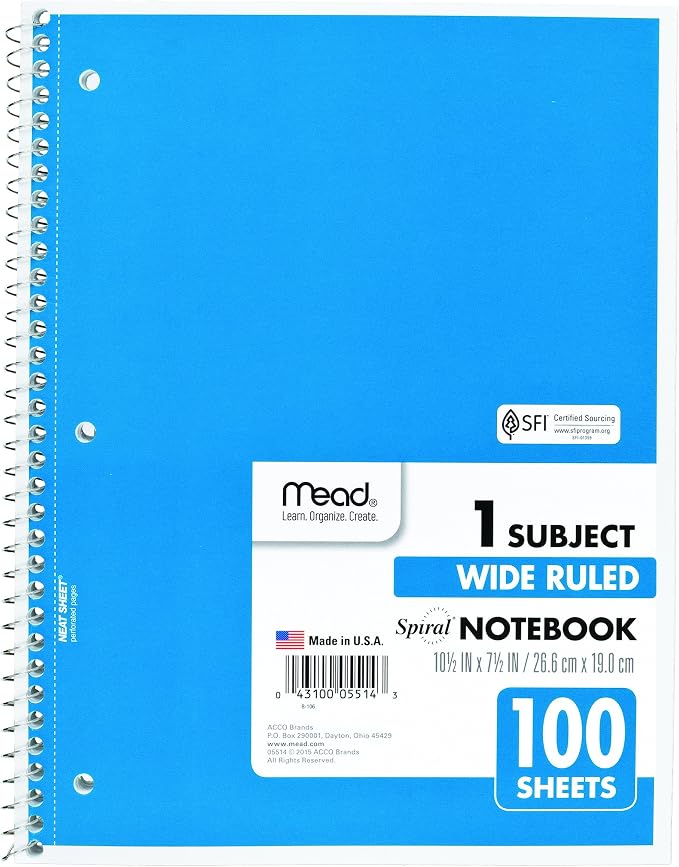 Mead Spiral Notebook, 1 Subject, Wide Ruled Paper, 100 Sheets, 10-1/2" x 8", Color Selected For You, 1 Count (05514) (Pack of 2)