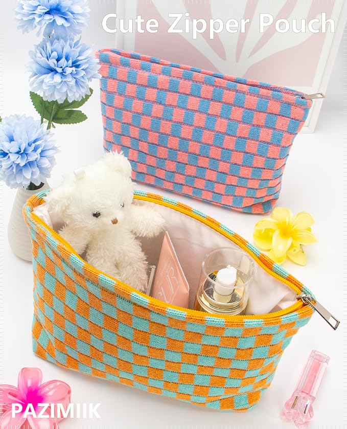 Checkered Makeup Bag for Purse, Small Flat Cosmetic Pouch,Orange Green | Cute Zipper Makeup Organizer for Women, Travel Essentials, Toiletries, Makeup Brushes, Beauty Accessories&Bridesmaid Gifts